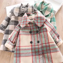 Осенне-зимнее клетчатое пальто с хлопковой подкладкой для девочек, Детское пальто, детская одежда