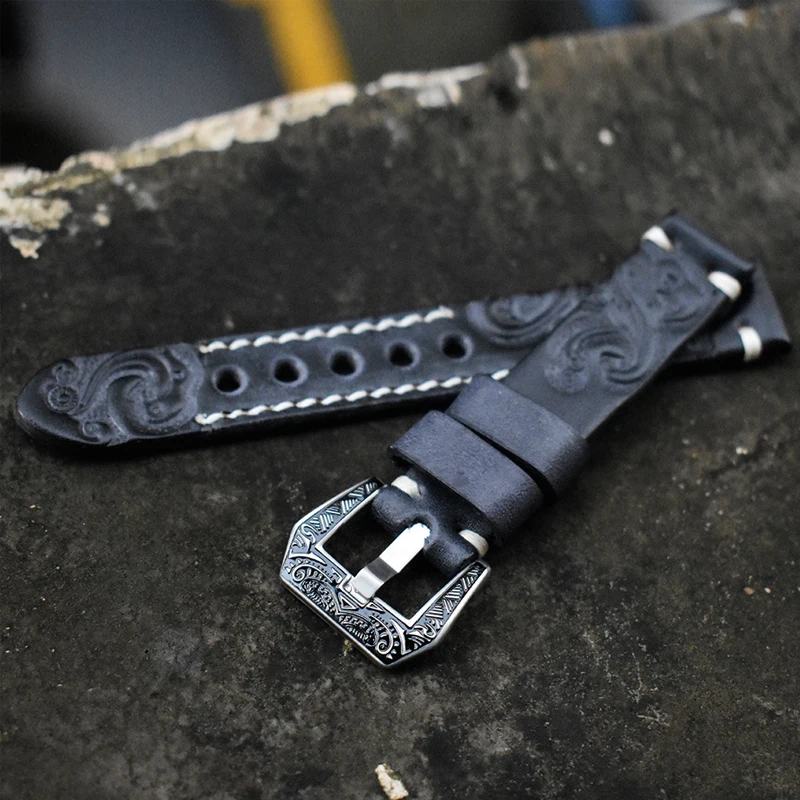 Onthelevel Vintage Watch Strap 22mm 24mm Handmade Carved Embossed Watch Band For Panerai With Carved Engraved Buckle #D