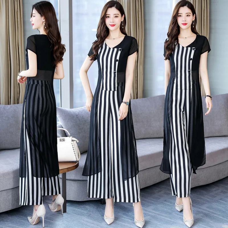 

2019 Summer-Style Vertical Striped Loose Pants WOMEN'S Suit Fashion Western Style Goddess-Style Elegant Slimming Two-Piece Set F
