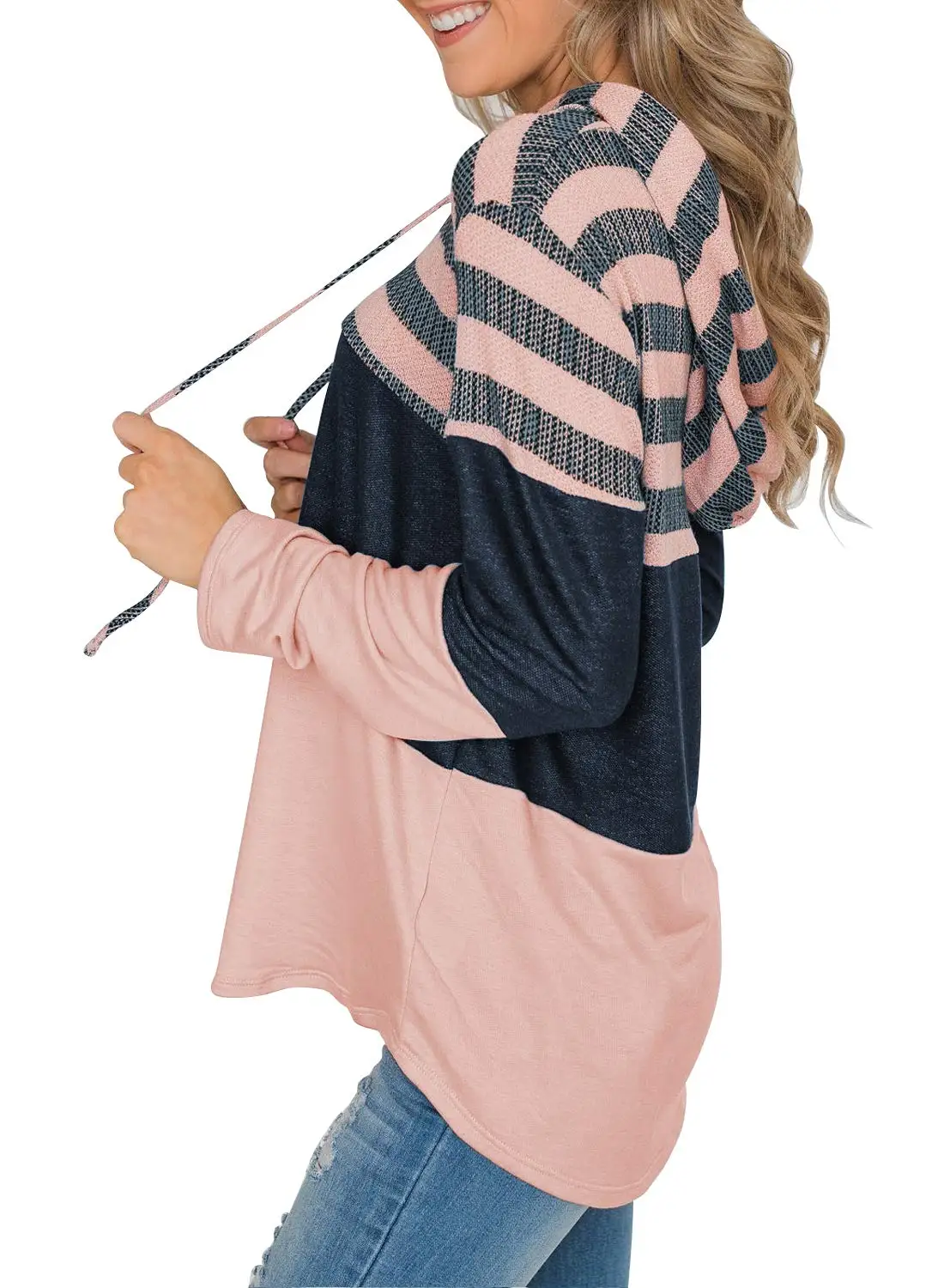 Женские полосатые цветные толстовки с капюшоном, женские повседневные свободные трикотажные пуловеры с длинным рукавом, контрастные толстовки с капюшоном