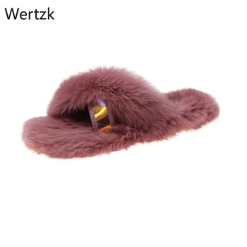 

2019 Winter Fashion Women Home Slippers Fur Warm Shoes Woman Slip on Flats Female Fur Flip Flops Pink fur slides A599