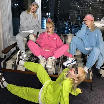 

2 piece set women tracksuit long-sleeved fake two-piece sweater and casual pants clothes Korean preppy loose two pieces set