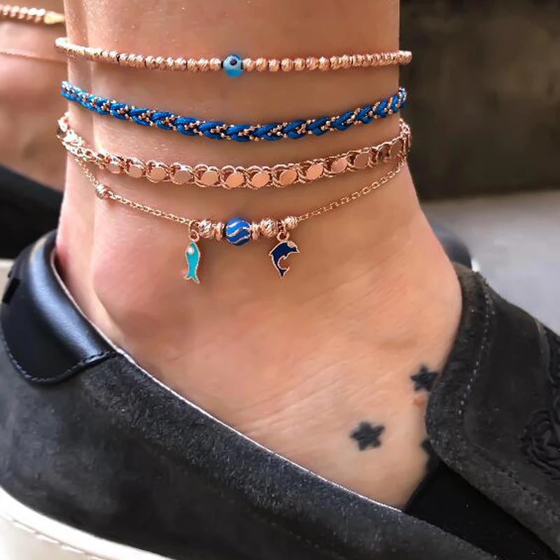 

Tocona Boho Fish Dolphin Eye Anklet for Women Blue Rope Chains Multilayer Beaded Anklet Bracelet Foot Jewelry 8468