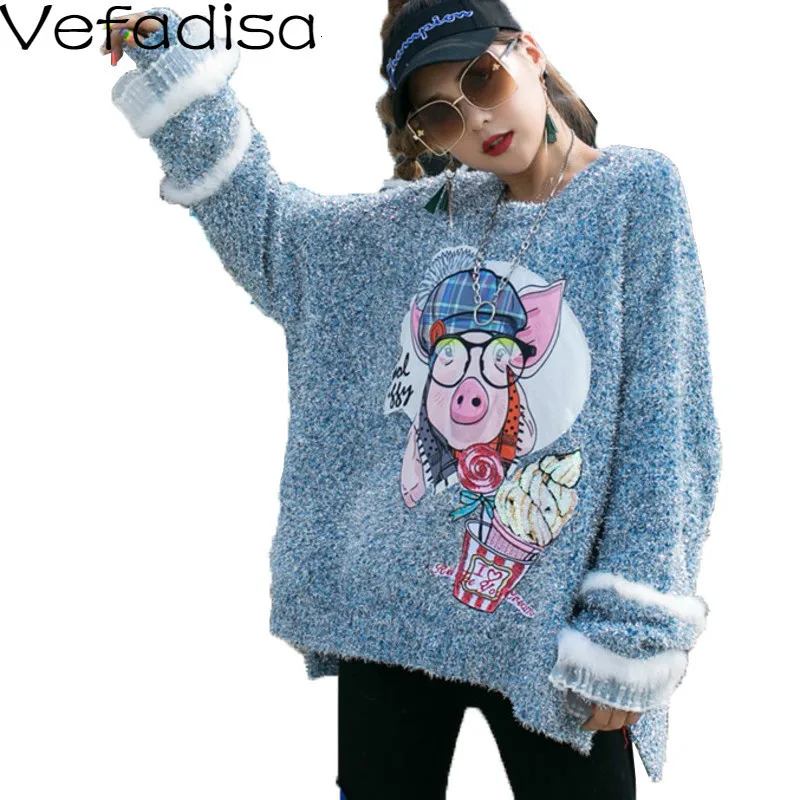Vefadisa, пуловер, свитер, женский, зима, мультяшный принт, свитер, толстый, Круглый ворот, вязаный свитер, Повседневный, длинный рукав, QYF926