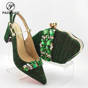 

Square Heel in Green Italian Women Shoes and Bag Set Nigerian Lady Shoes Matching Bag Set with Crystal for Garden Party