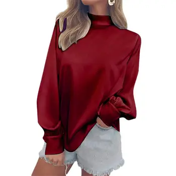 

Women Turtle Neck Long Puff Sleeve Solid Color Back Button Loose Chiffon Blouse womens blouses 2020 New