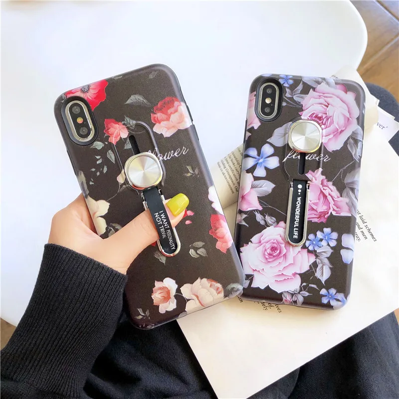 

Retro Flowers Ring Holder Phone Case For iPhone 6 6S 7 8 Plus X XR XSMax Soft TPU Stand Back Cover For iPhone 7 case for iPhone 11 11pro 11peo Max case Capa Fundas
