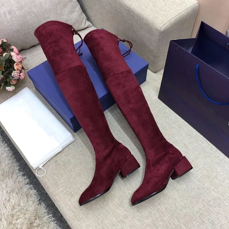 Модные женские сапоги выше колена из замши и флока без шнуровки; Zapatos De Mujer; классические женские высокие сапоги; пикантные узкие эластичные сапоги