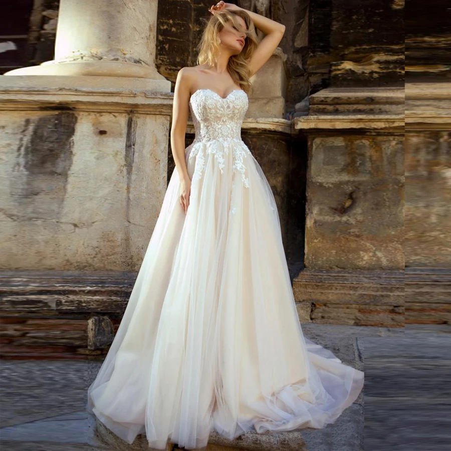 Charming Sweetheart A-Line Champagne Wedding Dresses Appliques Lace up Back Tulle vestido de novia Bridal Gown | Свадьбы и торжества