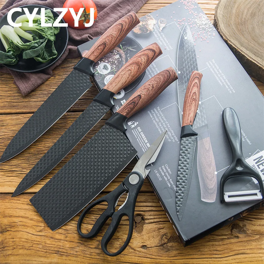 High Quality Kitchen Knife Set 6 Pcs Chef Slicing Cleaver Paring Knife with  Scissors and Peeler Gift Box Non Stick Blade Knife - AliExpress