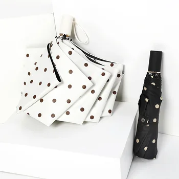

Three folding black coating sunscreen UV sunny and rainy umbrella small fresh wave dot pattern women windproof strong umbrella