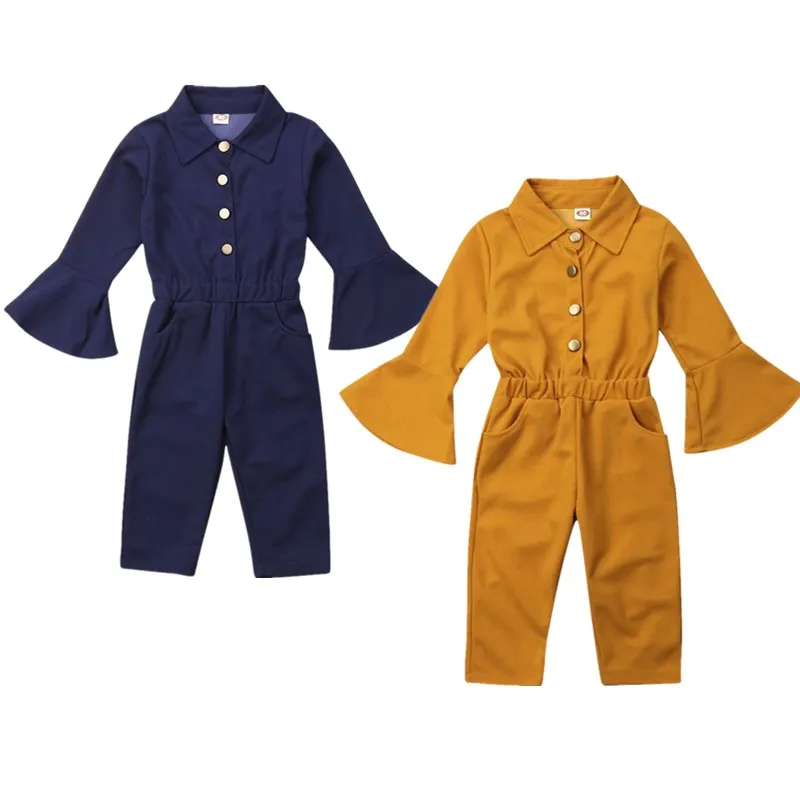 Toddler Kid Baby Girl Clothes Bell Sleeve Romper Jumpsuit Bib Pants Fashion Autumn Girl Long Sleeve Rompers Outfit