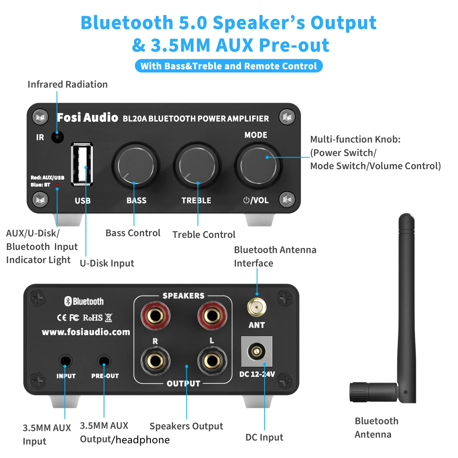 Amplificador de Potência Agudos com U-disco de Controle Bluetooth Fosi Áudio 100w Mini Alta Fidelidade Classe d Amp Graves Remoto Bl20a Tpa3116d2 Som - Image 3