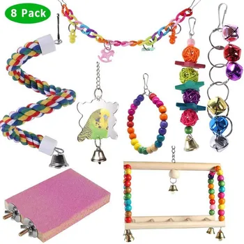 

8pcs Bird toys Climb Hammock Pet Bite Wooden Game Hanging Bells Non-toxic Parrot Toy Home Durable Decorative Cage Swing bed