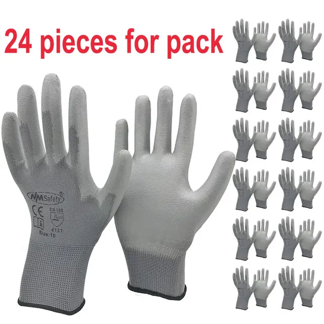 24Pieces/12 Pairs Safety Working Gloves Black Pu Nylon Cotton Glove Industrial Protective Work Gloves NMSafety Brand Supplier PU1350GR-12pairs