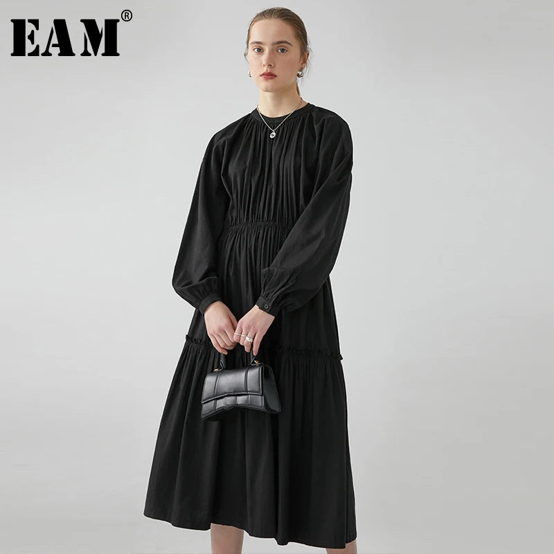

[EAM] Women Black Brief Big Size Pleated Dress New Round Neck Long Sleeve Loose Fit Fashion Tide Spring Autumn 2020 1R075
