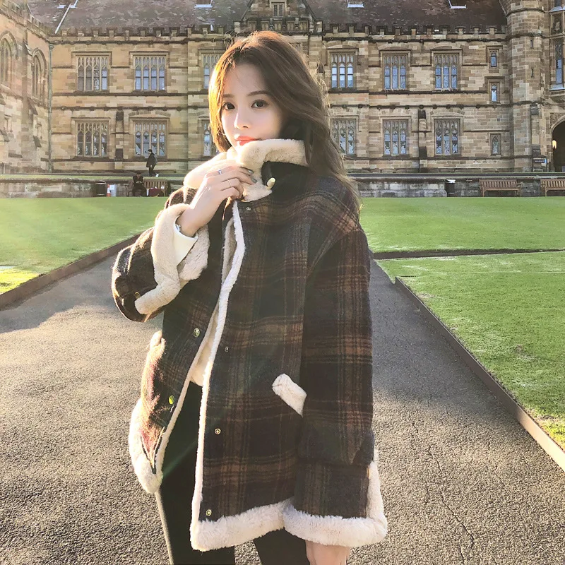 

Winter Women's 2019 New Style Korean-style Loose-Fit Students Brushed And Thick fang yang gao Plush Woolen Short Plaid outside