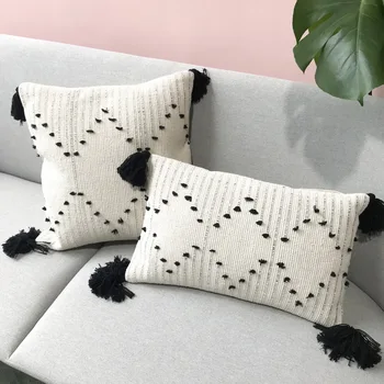 

Morocco Geometric Black and White Tufted Cushion Cover Tassel Pillowcase Home Sofa Decorative Pillow Case