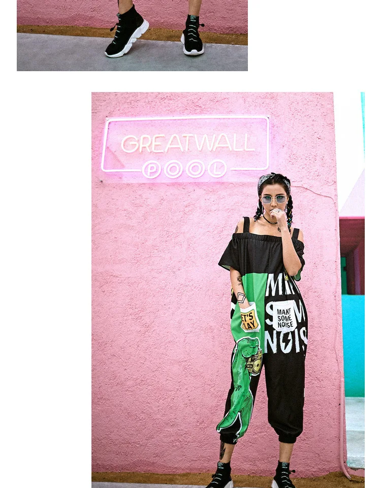 Rock Baggy Rompers Women Cartoon Dinosaur Printed Letters Overalls Sleeveless Jumpsuit Hip Hop Dance Streetwear Plus Size Pants