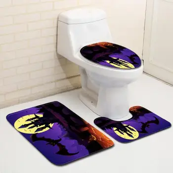 

Halloween Bathroom Shower Curtain Non-slip Floor Mat Toilet Set Castle Pumpking Lamp Printed Bathroom Decoration