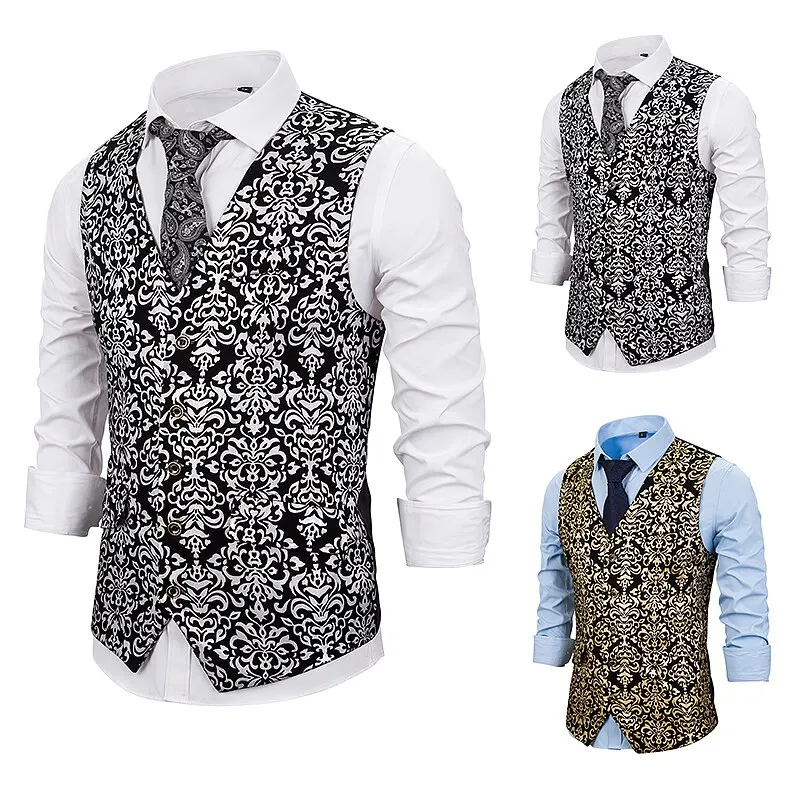 

PUIMENTIUA 2019 Male Slim Fit Single Breated Wedding Sleeveless Gold Steampunk Vests For Men Single Buttons Waistcoat