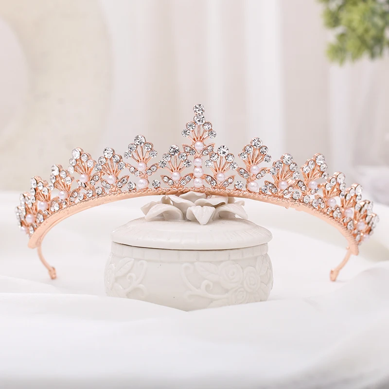 Trendy Rose Gold Silver color Crystal Princess Crown Wedding Tiara Bridal Diadem Party Jewelry Wedding Hair Accessories Handmade