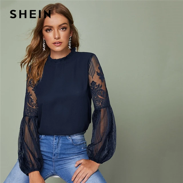 SHEIN Frilled Neck Lace Sheer Elegant Blouse Top Women 2019 Spring Autumn Stand Collar Bishop Sleeve Tops And Blouses Blouses & Shirts Women's Women's Clothing