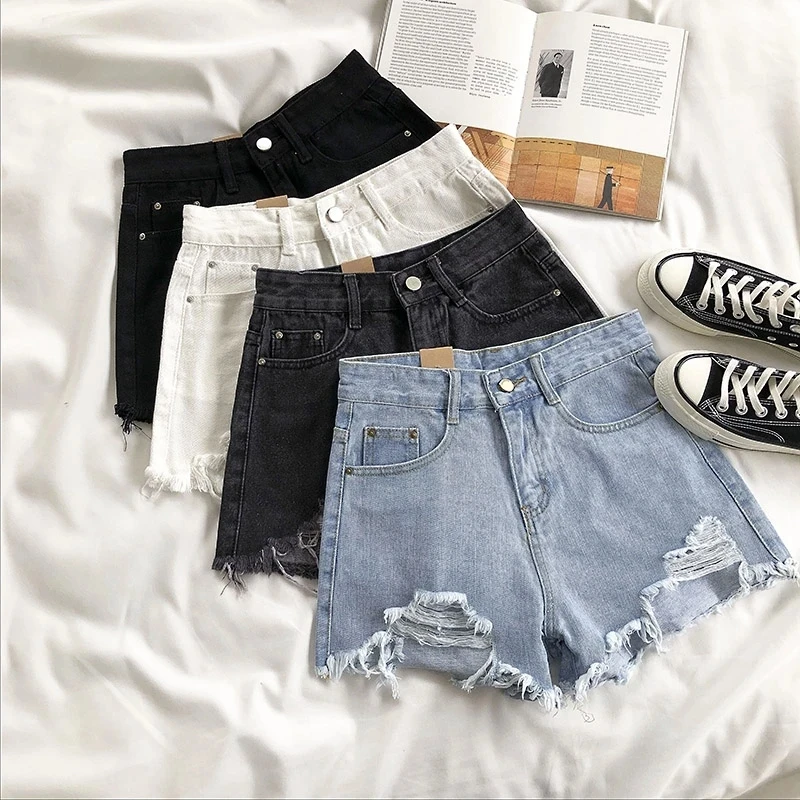 Women Wide Leg Hole Black Denim Shorts Casual Female Streetwear Loose Solid Color White Jeans Shorts Casual Female Shorts Loose black shorts