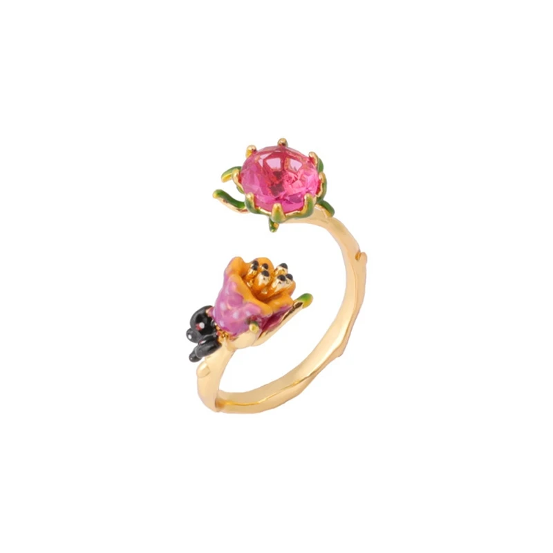 

Gold Color Enamel Adjustable Rings for Women Cute Pink Crystal Flower Opening Ladies Ring Party Vacation Accessories 2020 JZ002
