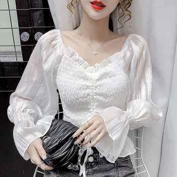 

COIGARSAM Fashion Chiffon blouse women New Spring Flare Sleeve V-Neck blusas womens tops and blouses White Black 1569