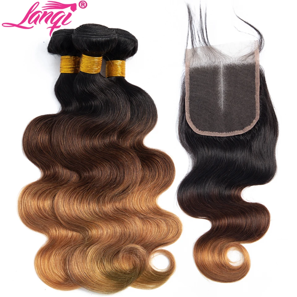 Lanqi Brazilian Body Wave Hair 3 Bundles With Closure honey Blonde bundles with closure T1B 4 30 Human Hair 3 tone Ombre Bundles With Closure