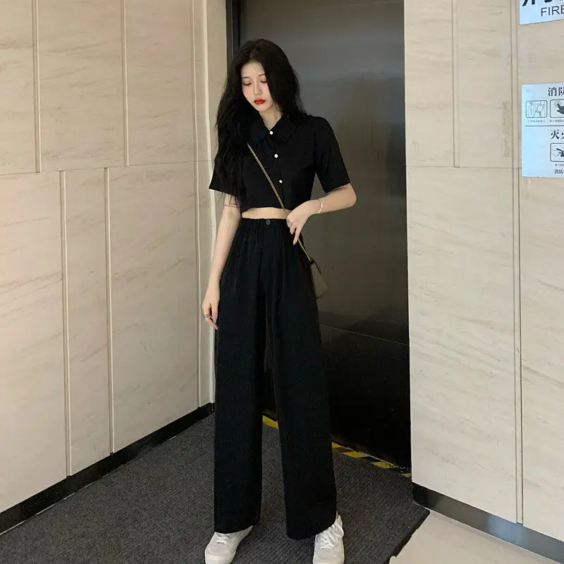 Summer Harajuku High Waist Wide Leg Trouser Suits Retro Women's Korean Street Solid Black Baggy Short Sleeve Blouses Loose Pants