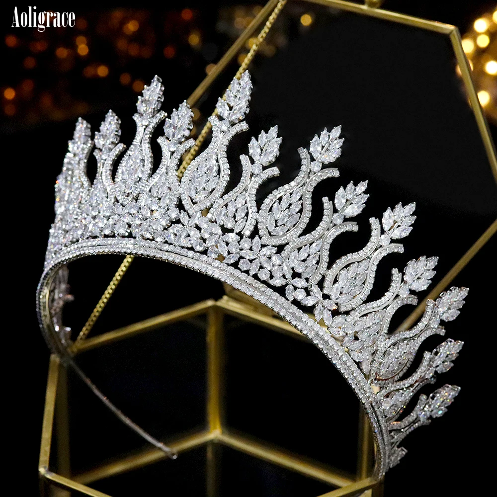 Luxury Big Cubic Zirconia Wedding Crowns Platinum Plated CZ Tall Tairas Unique Design Zircon Birthday Party Sweet 16 Headpieces