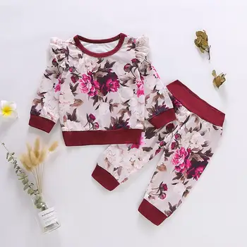 

2019 New Winter Fashion 3-24M Cute Infant Baby Girls Long Sleeve Floral Print Ruffles T-shirt Tops+Pants Outfits