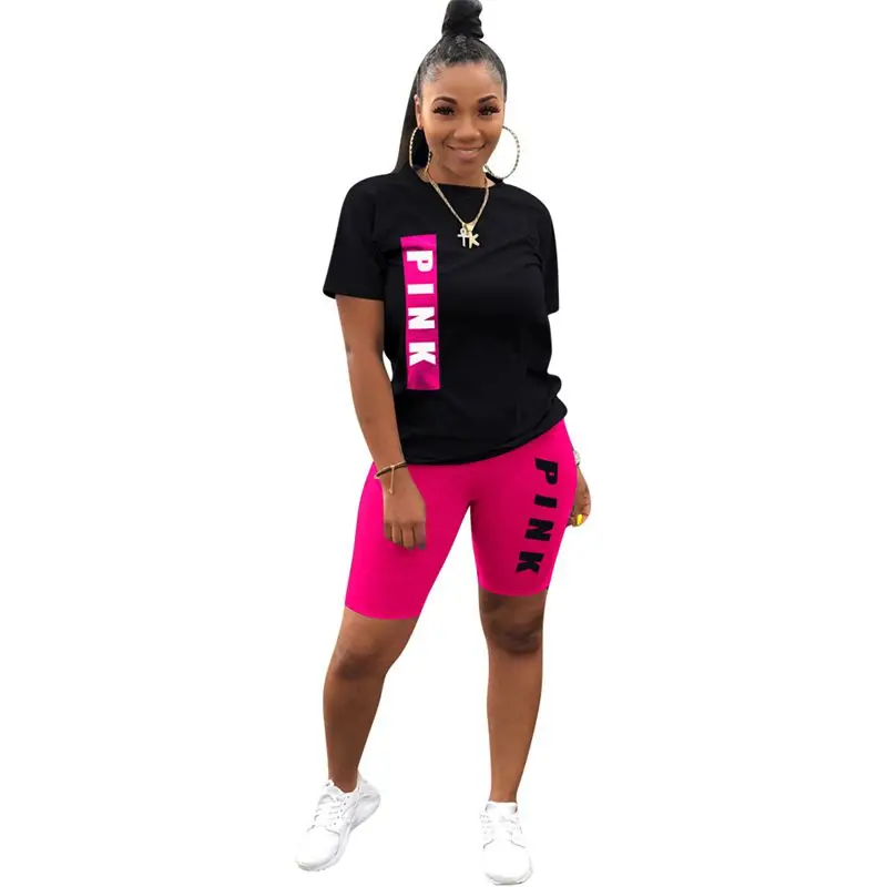 women's sets ZOOEFFBB Plus Size Letter Two Piece Outfits for Women Cute Pink Clothing T Shirt Shorts Sweat Suit Lounge Wear Matching Sets satin pajamas for women Women's Sets