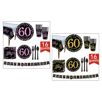 

60th 60th Birthday Party Supplies 114 Pcs – Serves 16, Includes Black and Gold Banner, Disposable Tablecloth, Knives, Spoons,