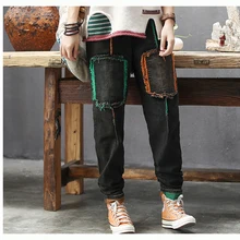 Женские джинсовые брюки Лоскутные карманы Ретро Винтажные модные повседневные Длинные свободные для осени AZ49193919