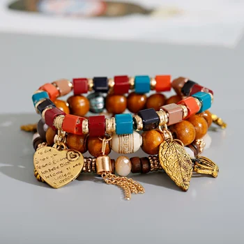 

3Pcs/Lot Ethnic Women's Bracelets Set Pour Les Femmes Bohemia Charm Natural Stone&Wood Beads Heart Alloy Pendents Bracelets