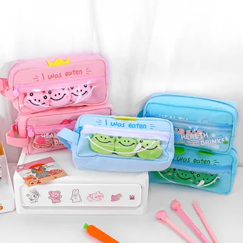 

Kawaii Multilayer School Pencil Case Large Capacity Canvas Pencil Bag Creative Brooch Pen Box For Girls Korean Stationery