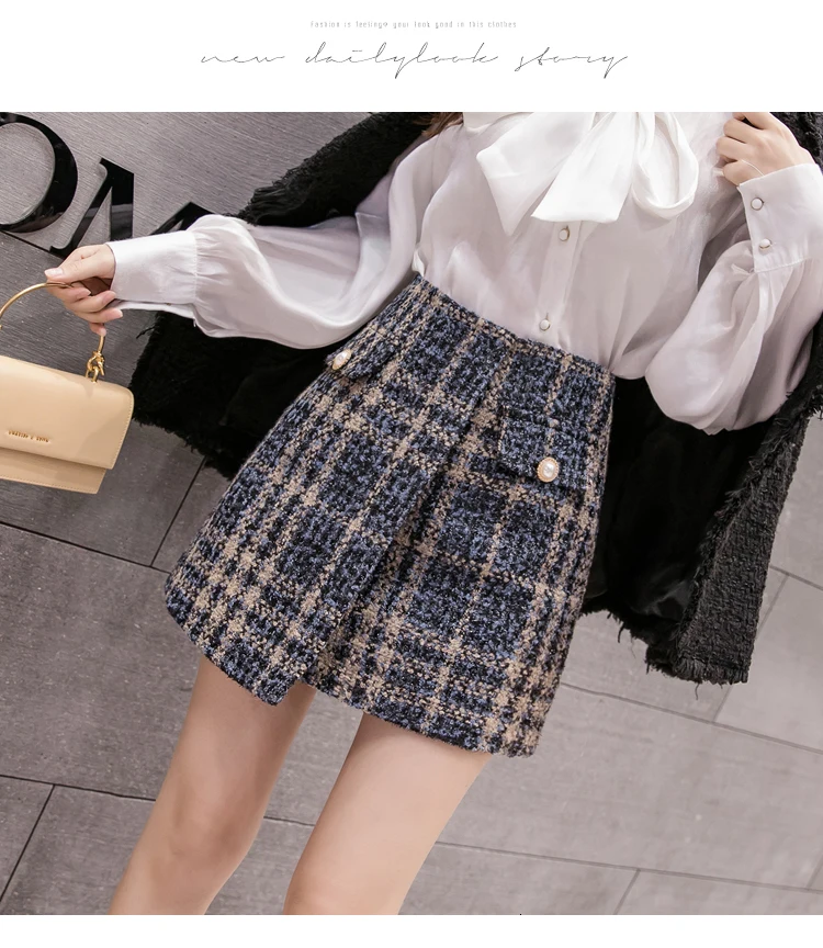 Осенне-зимние шерстяные клетчатые мини-юбки женские корейские элегантные твидовые короткие юбки женские с высокой талией Необычные Jupe женские юбки