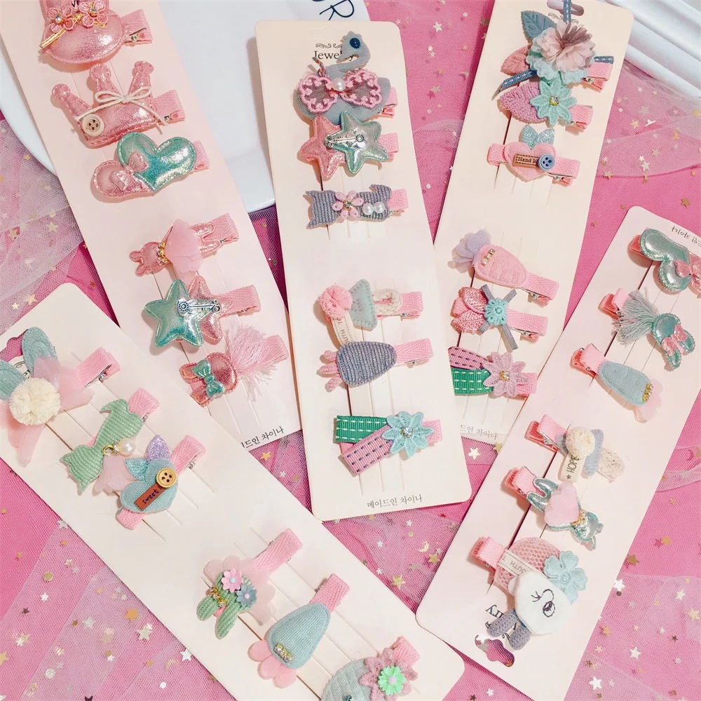 Pink Cute Cartoon Animal Fruit Bang Clip Cloth Children Hair Clips & Pins Headwear Duckbill Hairpin Set For Girls pink flamingo animal shower curtains set bathtub curtain tropical plant leaf toilet partition bath screen mat bathroom accessory