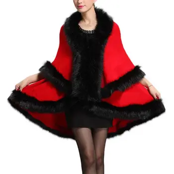 

Women Fine Knit Open Front Faux Fur Trim Layers Poncho Cape Shawl Cloak Cardigan Sweater Cape Coat Fashion