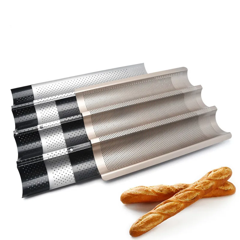 2-Set Gold Baguette Baking Tray，French Bread pan Carbon Steel，Food Grade Non-Stick Coating Perforated French Stick Loaf Baking Cake Baguette Mold for Baking 2 Loaves Wave Baker Rounded Edges 