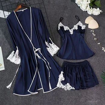 

Women Silk Satin Sleepwear Pijama With Chest Pads Spaghetti Sexy Nightgown Set Female 3 Pcs/Set