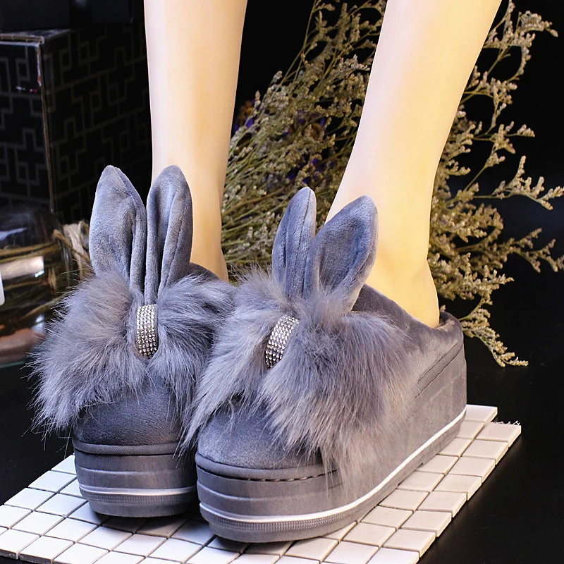 Домашние женские тапочки с заячьими ушками; zapatillas mujer; новые зимние теплые тапочки на Высоком толстом каблуке из хлопка с милым рисунком - Цвет: gray