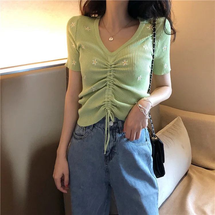 

Fashion Embroidered Flowers Women Short Sleeve Sexy V-neck Drawstring Knit Short T-shirt Slim Fit Brief Casual Multi-color Women