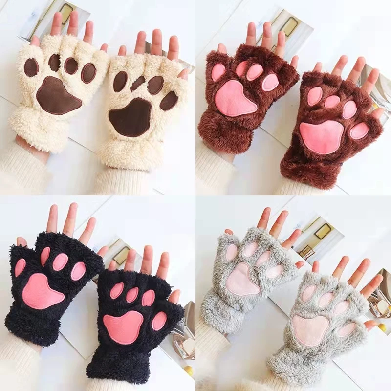 

Lolita cute cartoon cat girl fingerless cat paw warm gloves thick fluffy bear paw half-finger gloves cosplay