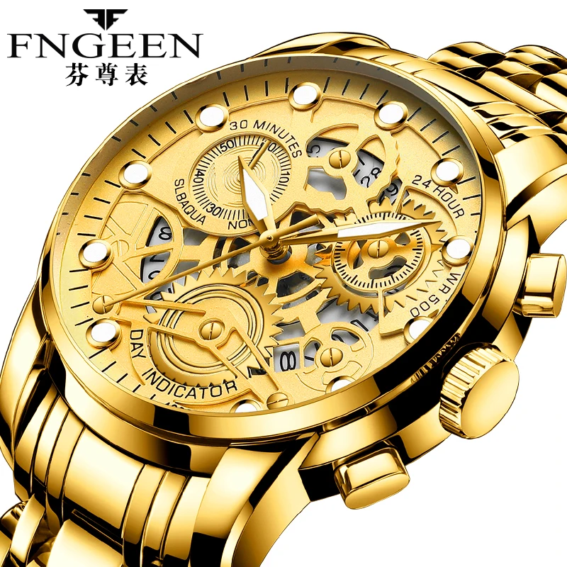 

Golden Men's watches Hollow Triple Dial Gold Steel watch Quartz Wristwatch Fashion Luxury Casual Business Business Man Watch