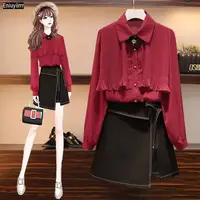 2021 New Year Cute Girls Womens Solid Color Office Lady Ruffled Blouses Formal Button Red White Shirt Ribbon Bow Tie Tops 1
