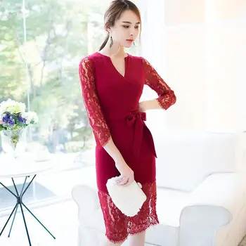 

Women Office Patchwork Lace Pencil Dress Slim With Belt Midi Dress V-Neck Elegant Bowknot Party Dress Vestidos